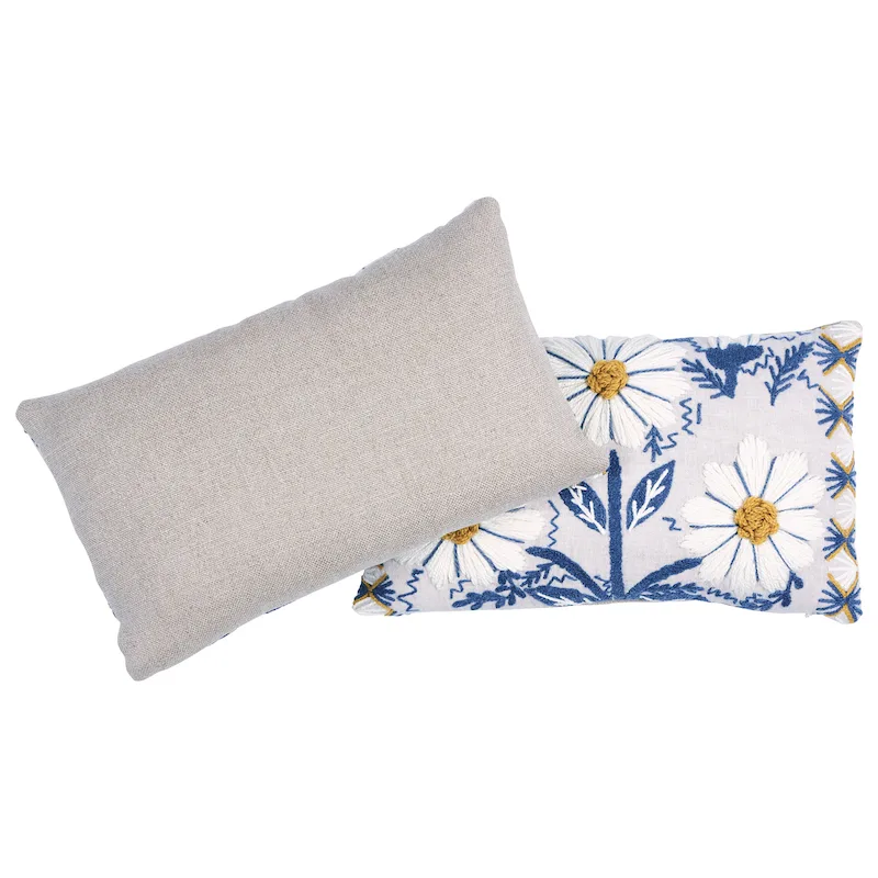 Schumacher Marguerite Embroidery Pillow a in Blue & Ochre (SO723320109)