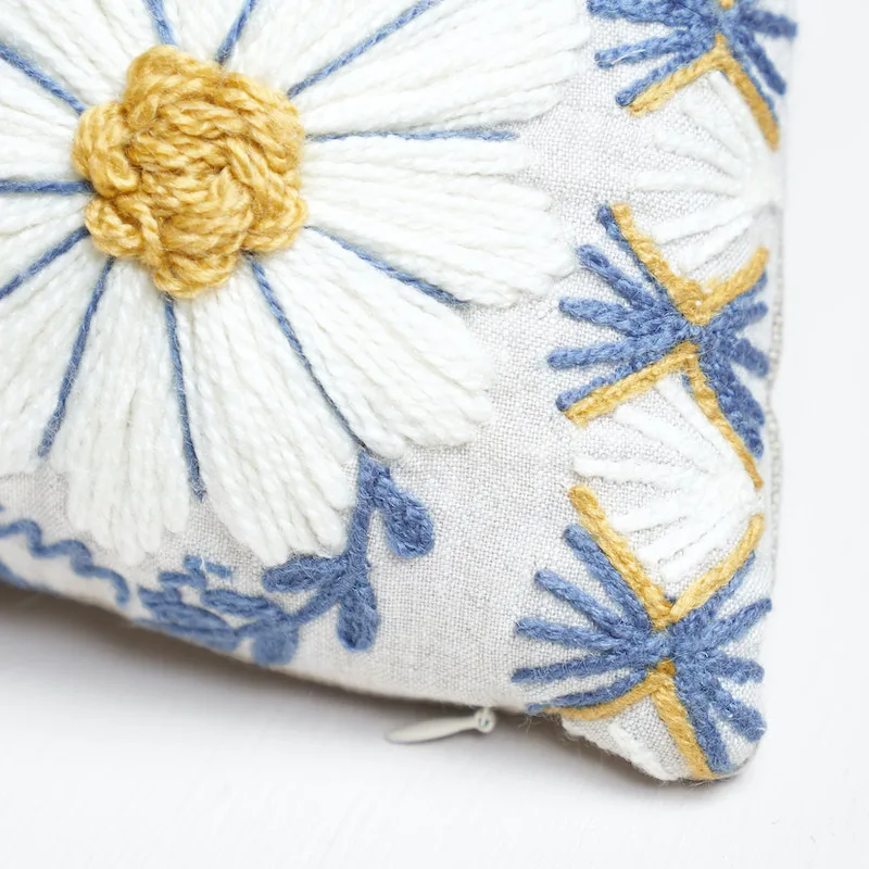 Schumacher Marguerite Embroidery Pillow a in Blue & Ochre (SO723320109)