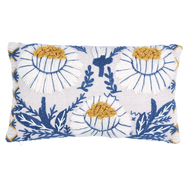 Schumacher Marguerite Embroidery Pillow B in Blue & Ochre (SO723320209)