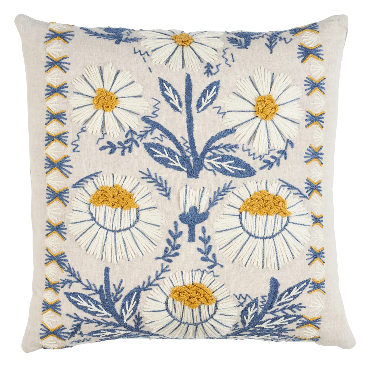 Schumacher Marguerite Embroidery Pillow in Blue & Ochre (SO7233205)