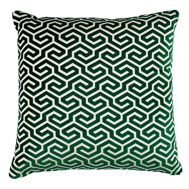 Schumacher Ming Fret Velvet Pillow in Emerald