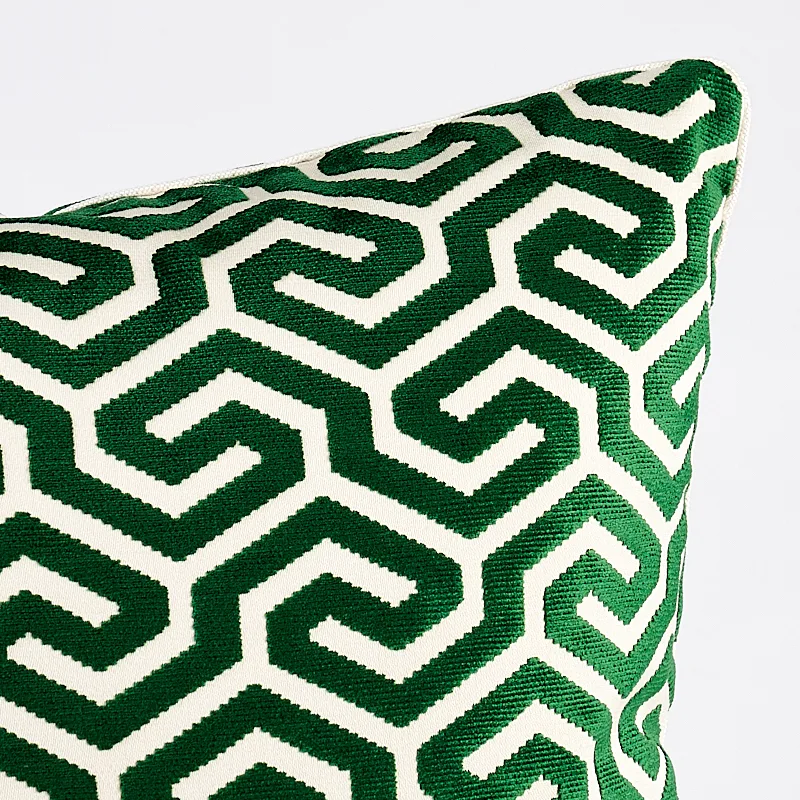 Schumacher Ming Fret Velvet Pillow in Emerald