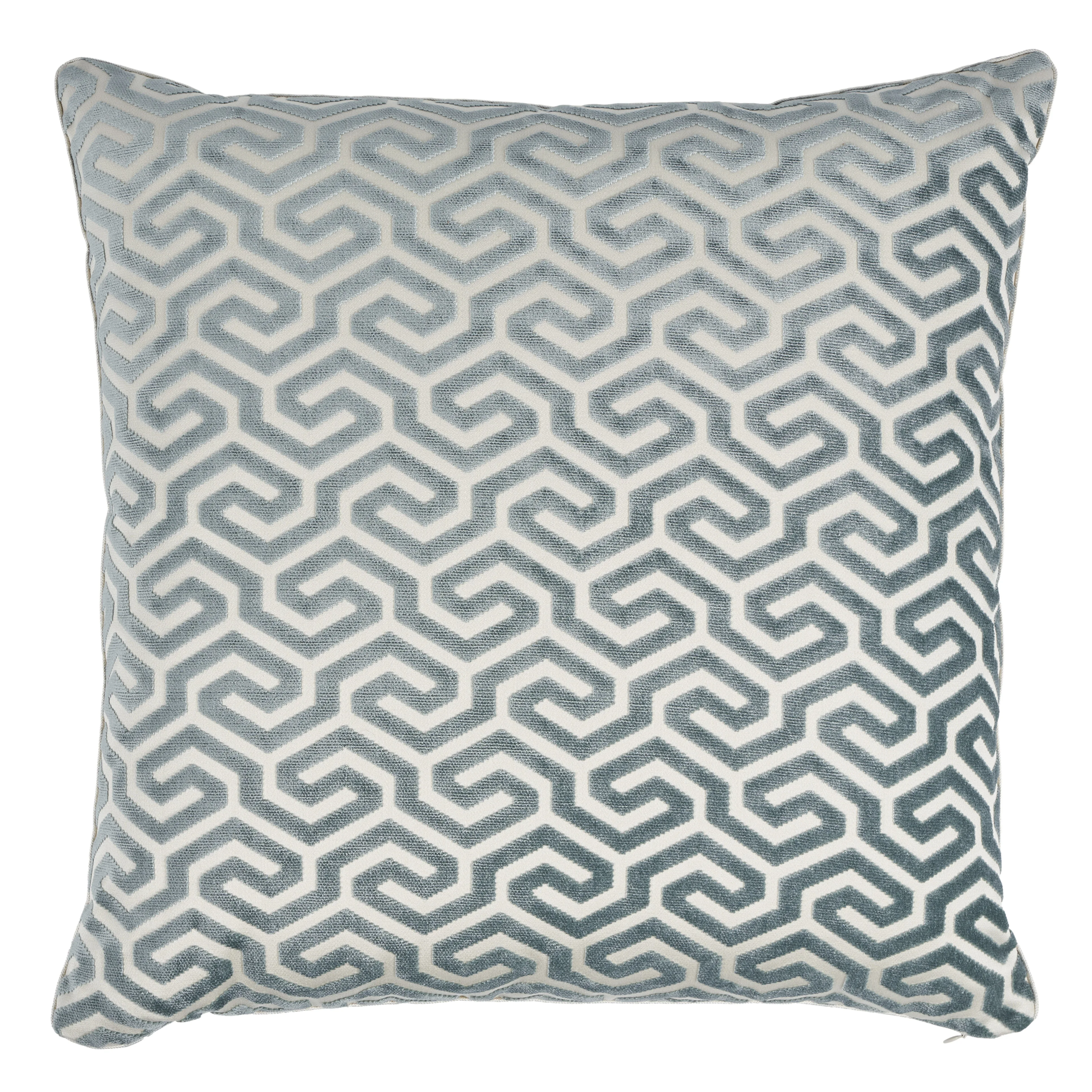 Schumacher Ming Fret Velvet Pillow in Mineral & White
