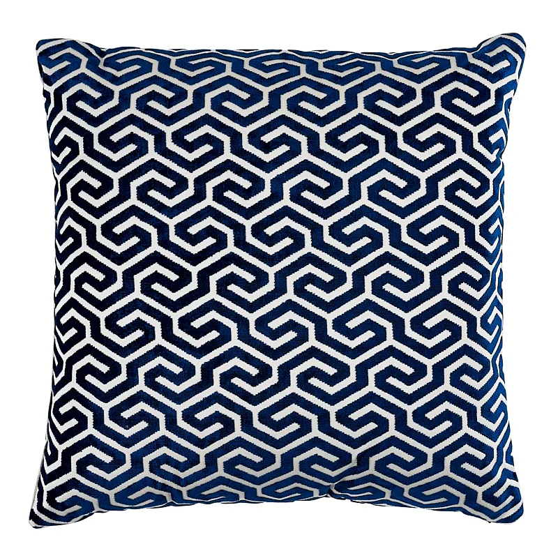 Schumacher Ming Fret Velvet Pillow in Navy