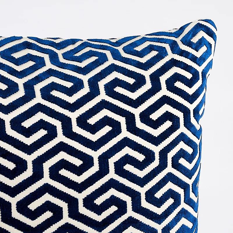 Schumacher Ming Fret Velvet Pillow in Navy