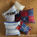 SO8211006 | Mirza Ikat Stripe Pillow - Blue on Natural Schumacher Mirza Ikat Stripe Pillow in Blue on Natural (SO8211006)