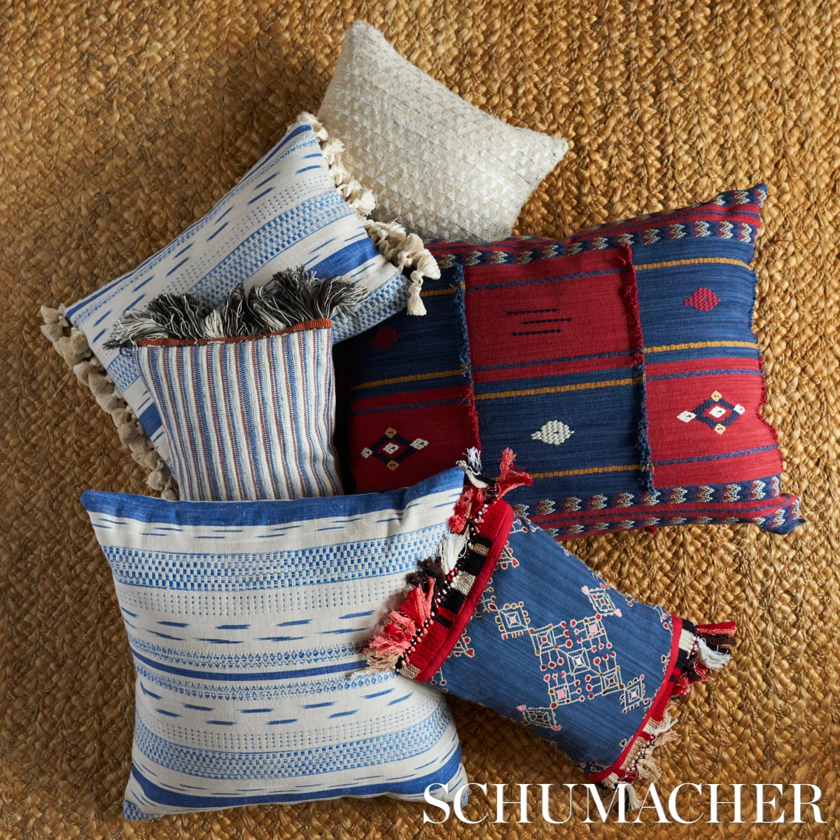 SO8211006 | Mirza Ikat Stripe Pillow - Blue on Natural Schumacher Mirza Ikat Stripe Pillow in Blue on Natural (SO8211006)