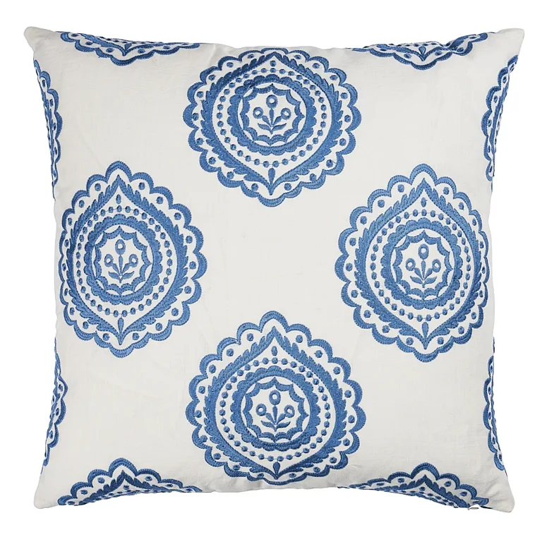 Schumacher Olana Embroidery Pillow in Blue& White (SO7020606)
