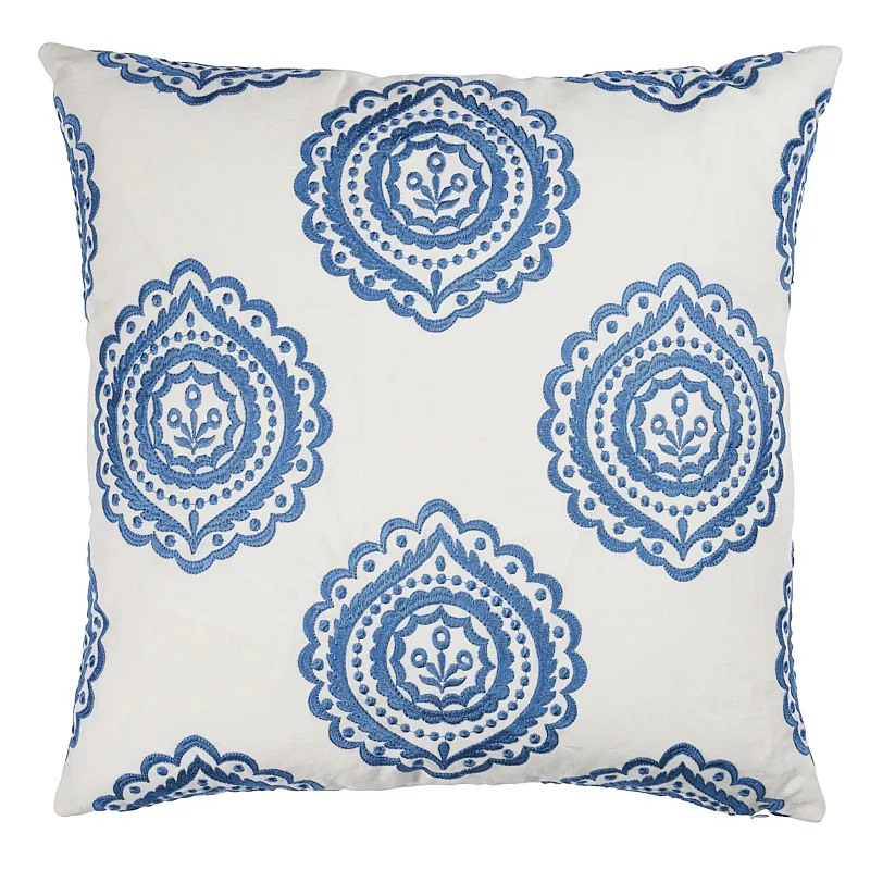 Schumacher Olana Embroidery Pillow in Blue& White (SO7020606)