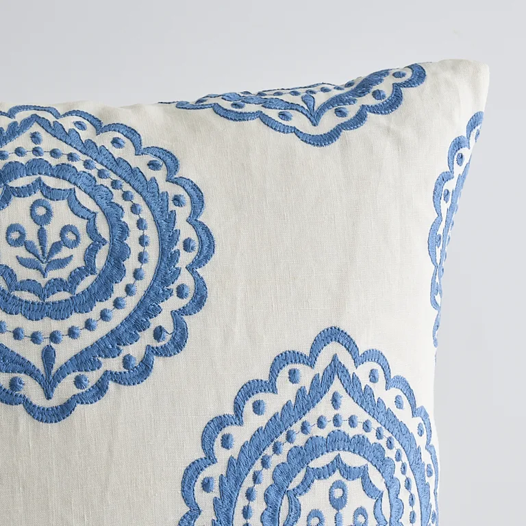 Schumacher Olana Embroidery Pillow in Blue& White (SO7020606)
