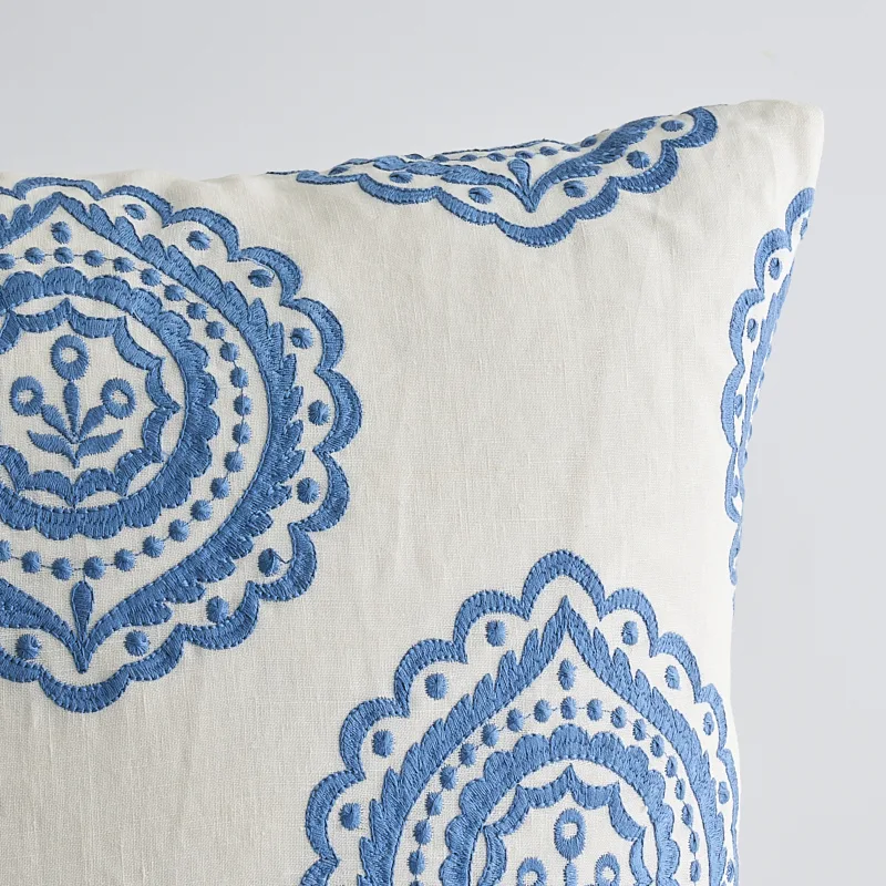 Schumacher Olana Embroidery Pillow in Blue& White (SO7020606)