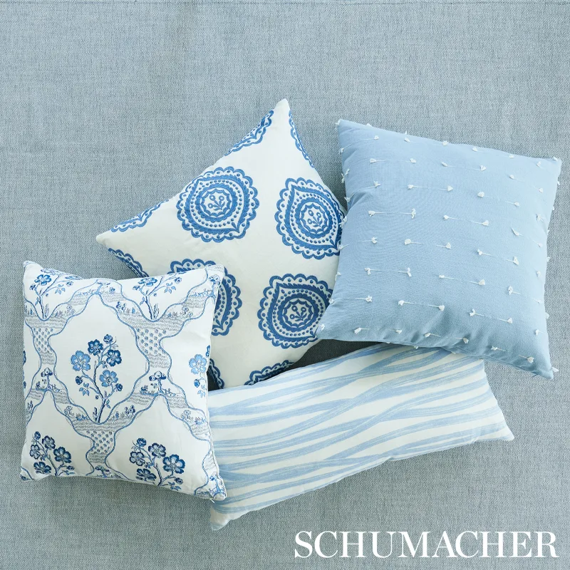 SO7020606 | Olana Embroidery Pillow - Blue& White Schumacher Olana Embroidery Pillow in Blue& White (SO7020606)