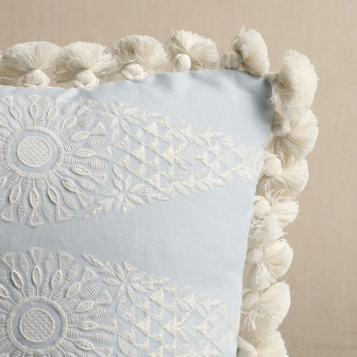 Schumacher Tasmin Embroidery pillow in Soft Blue (SO8567103)
