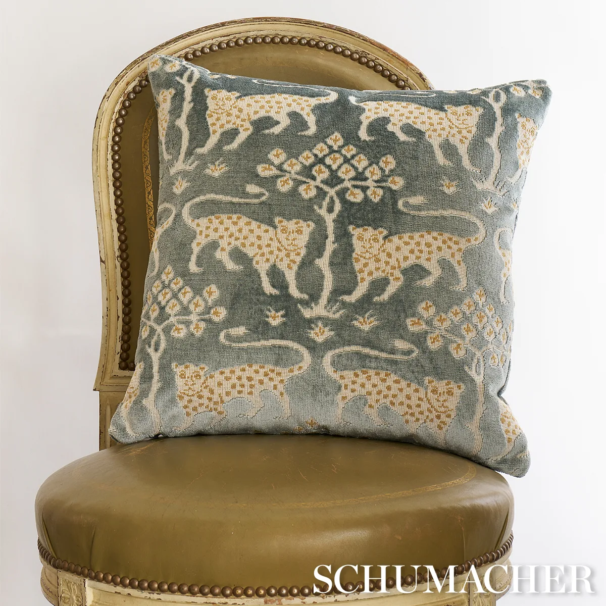 Woodland Leopard Velvet Pillow - Mineral Schumacher Woodland Leopard Velvet Pillow in Mineral