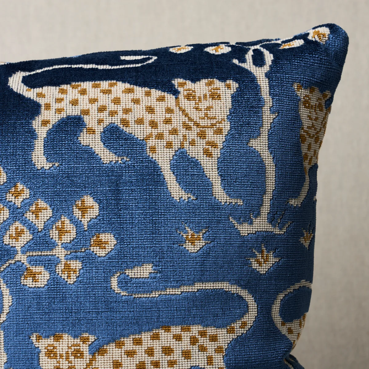 Schumacher Woodland Leopard Velvet Pillow in Sapphire (SO8008204)