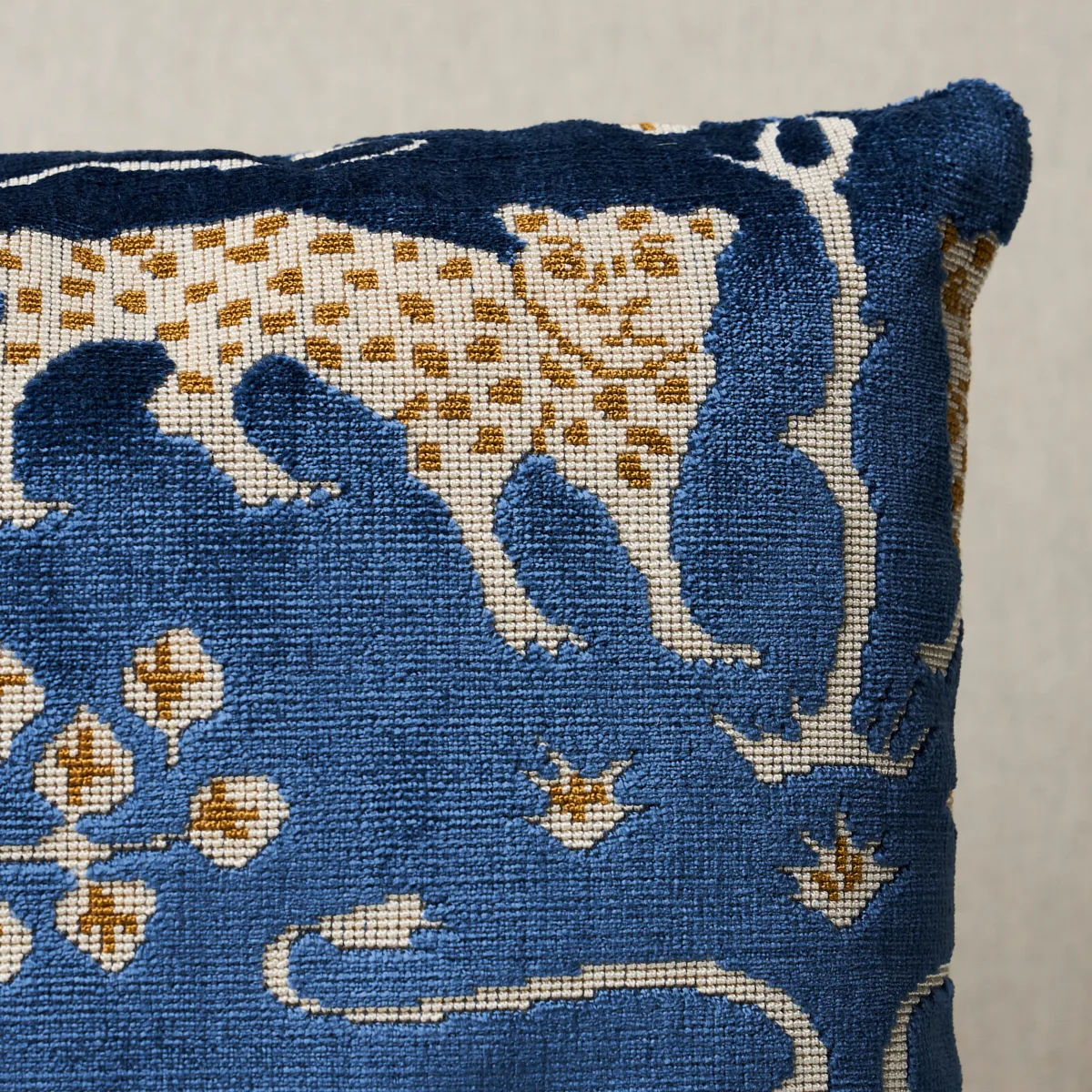 Schumacher Woodland Leopard Velvet Pillow in Sapphire (SO8008212)