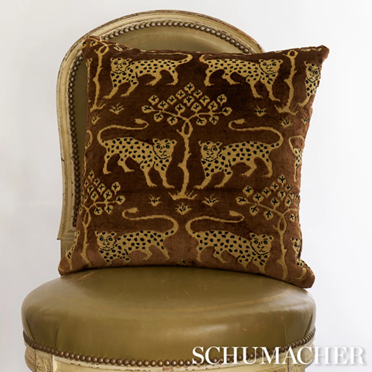 Woodland Leopard Velvet Pillow - Sepia Schumacher Woodland Leopard Velvet Pillow in Sepia