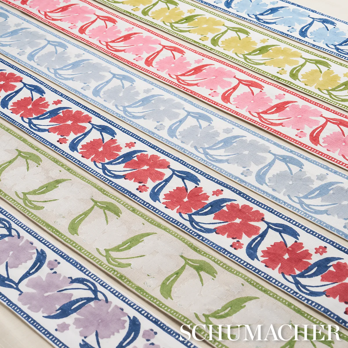 74405 | Adra Hand Blocked Tape - Ivory & Leaf Schumacher Adra Hand Blocked Tape trim in Ivory & Leaf (74405)