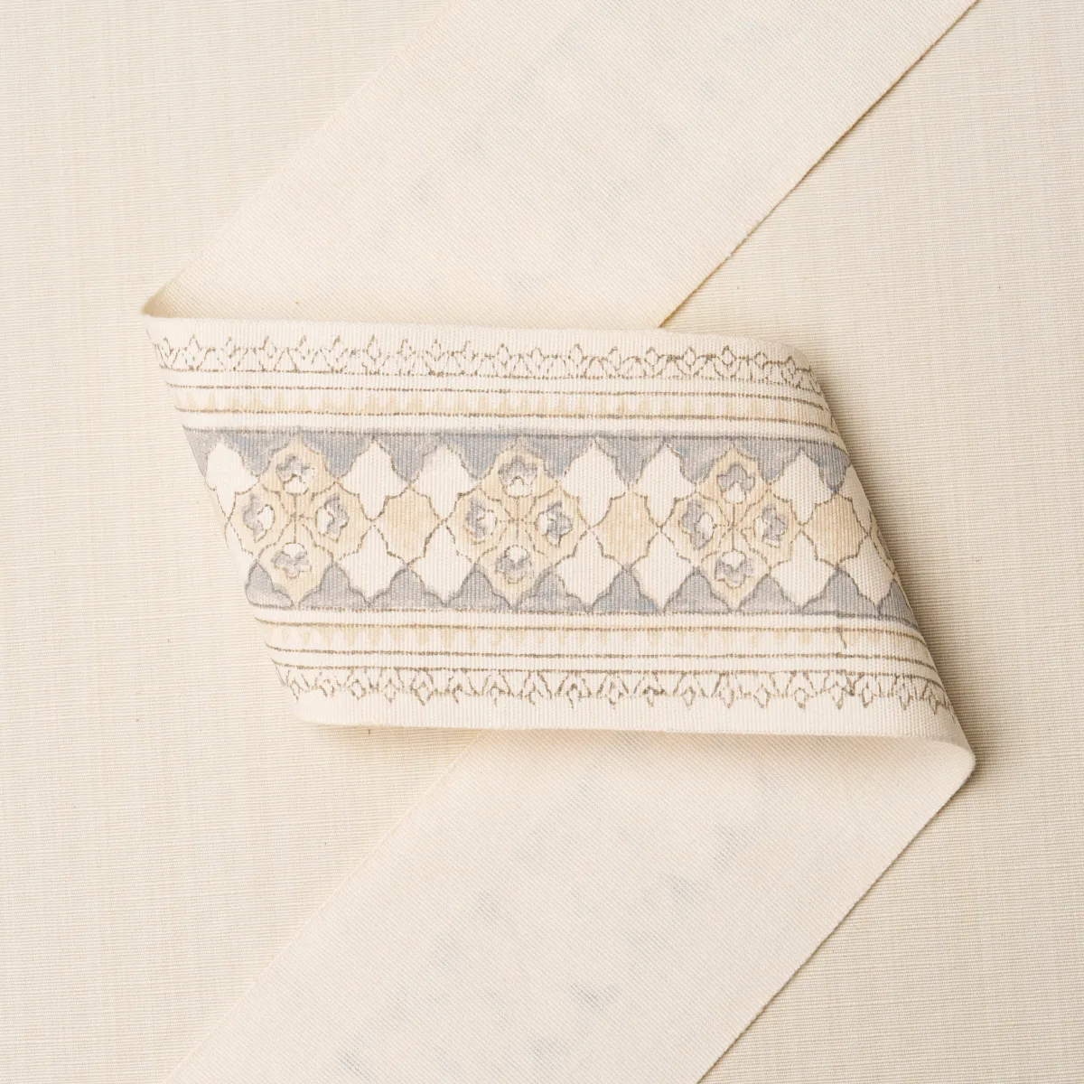 Schumacher Amira Hand Block Printed Tape trim in Sand & Grey (181371)