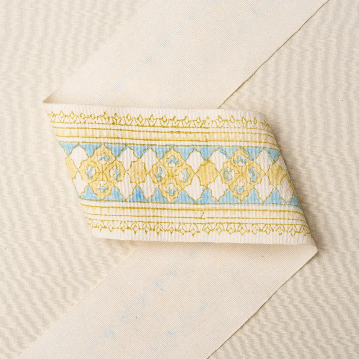 Schumacher Amira Hand Block Printed Tape trim in Yellow & Aqua (181370)