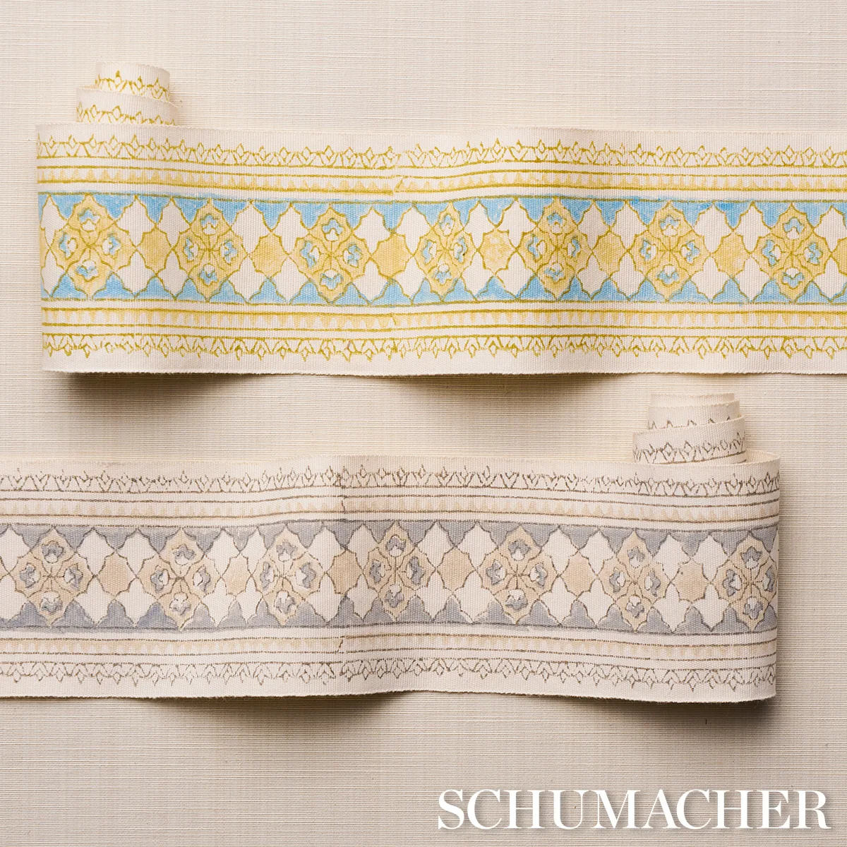 Schumacher Amira Hand Block Printed Tape trim in Yellow & Aqua (181370)