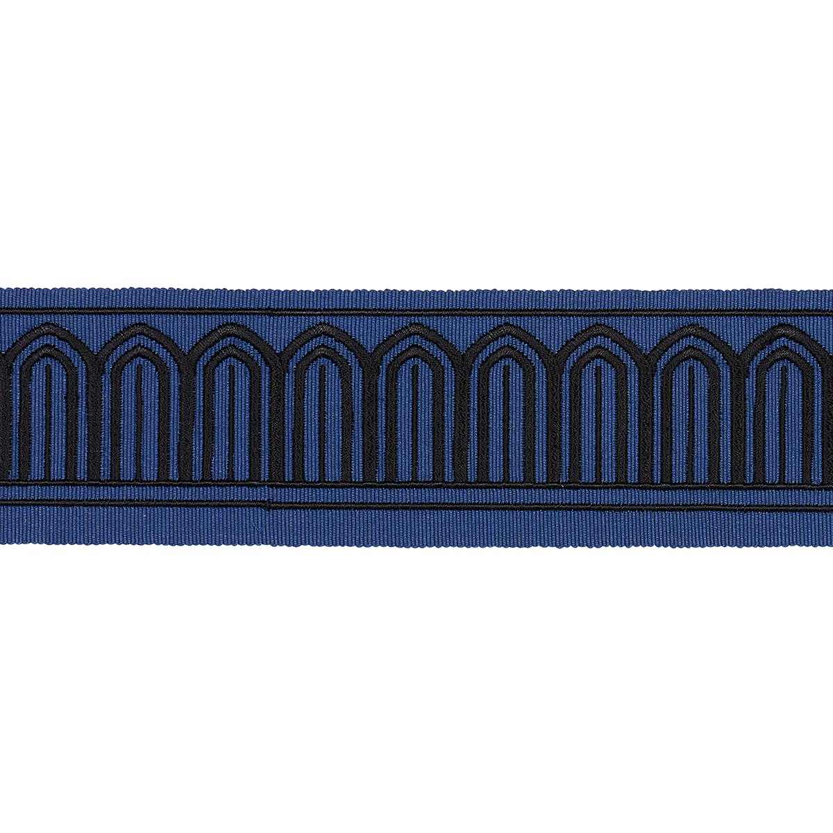 Schumacher Arches Embroidered Tape Medium trim in Black on Navy (81150)