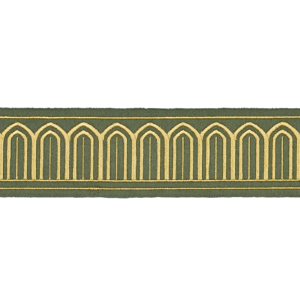 Schumacher Arches Embroidered Tape Medium trim in Olive (81152)