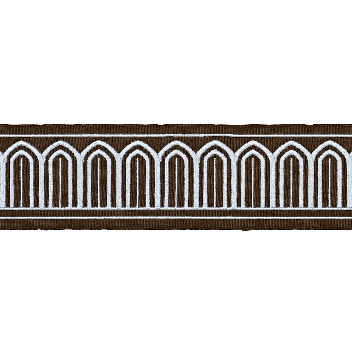 Schumacher Arches Embroidered Tape Medium trim in Sky on Brown (81153)