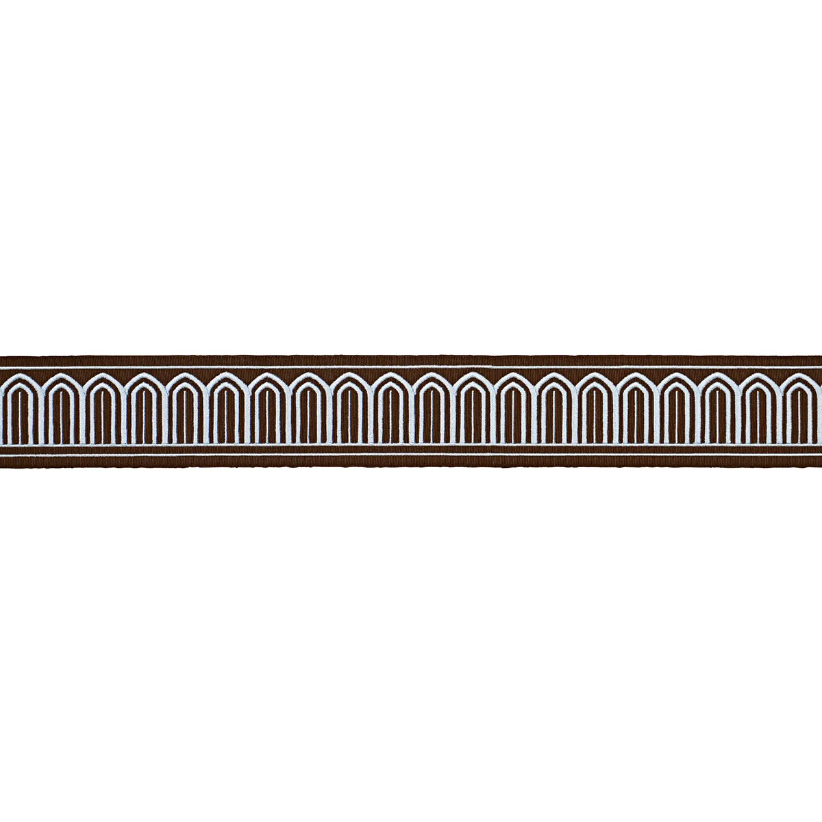 Schumacher Arches Embroidered Tape Medium trim in Sky on Brown (81153)