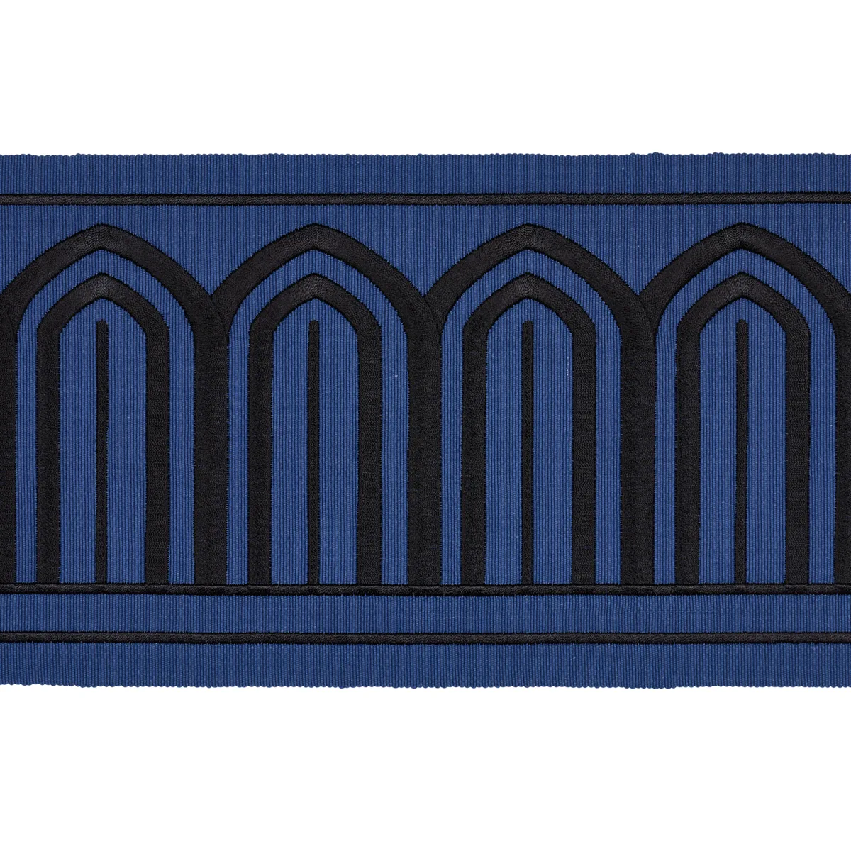 Schumacher Arches Embroidered Tape Wide trim in Black on Navy (81160)