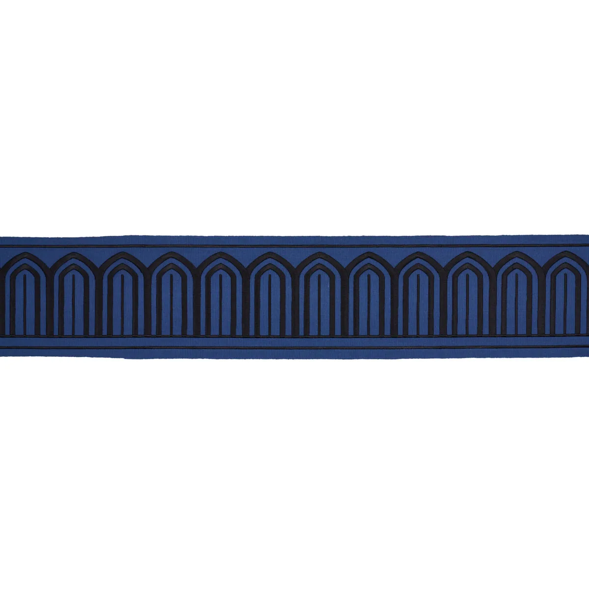 Schumacher Arches Embroidered Tape Wide trim in Black on Navy (81160)