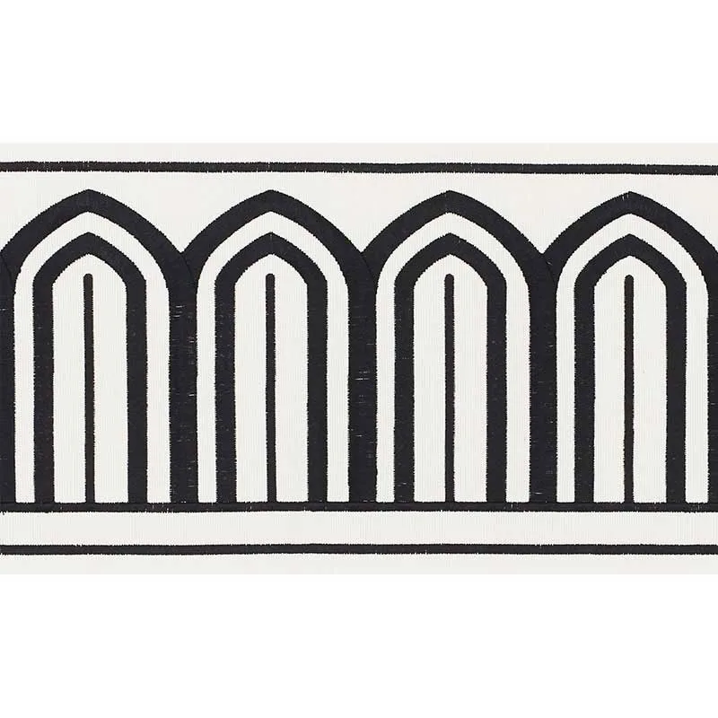 Schumacher Arches Embroidered Tape Wide trim in Black on White (70770)
