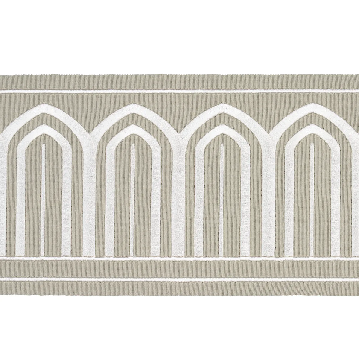 Schumacher Arches Embroidered Tape Wide trim in Taupe (70776)