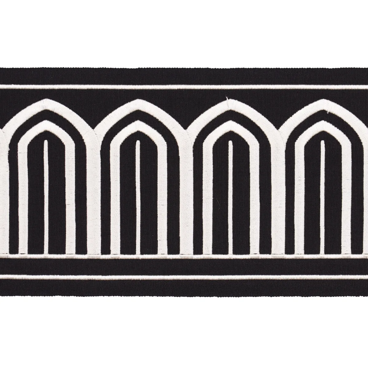 Schumacher Arches Embroidered Tape Wide trim in White on Black (70777)