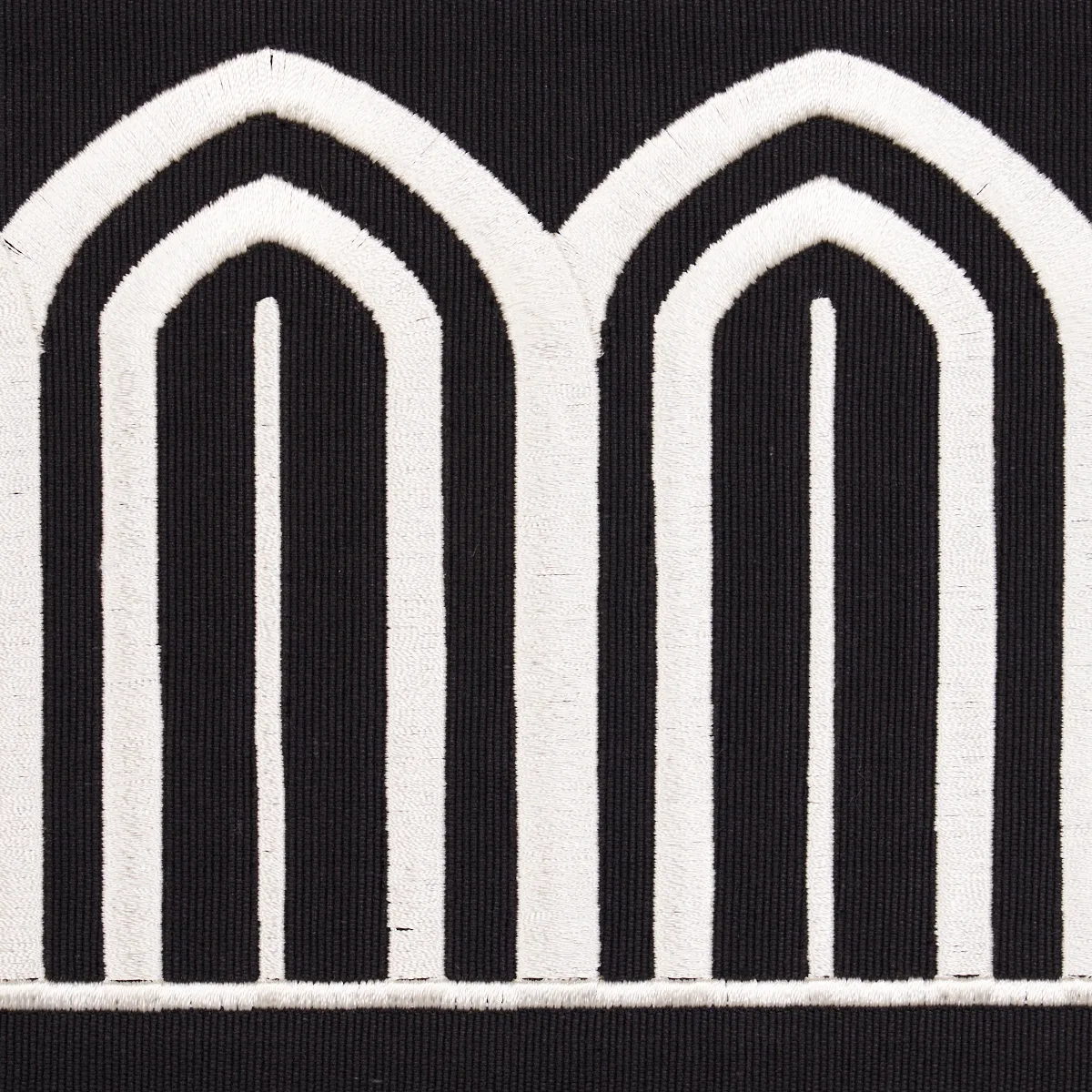 70777 | Arches Embroidered Tape Wide - White on Black Schumacher Arches Embroidered Tape Wide trim in White on Black (70777)