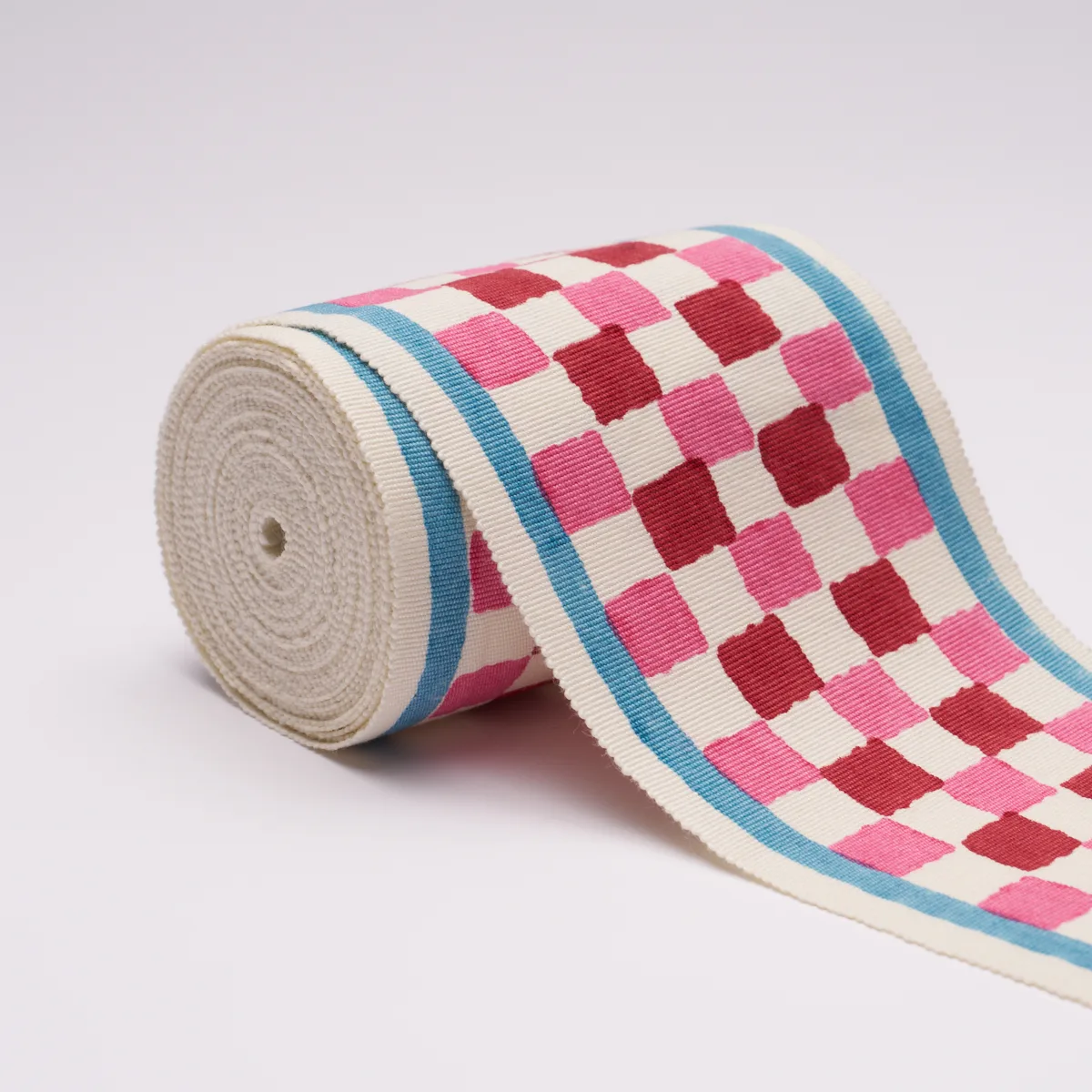 85451 | Chequer Hand Block Trim - Pink Schumacher Chequer Hand Block Trim in Pink (85451)