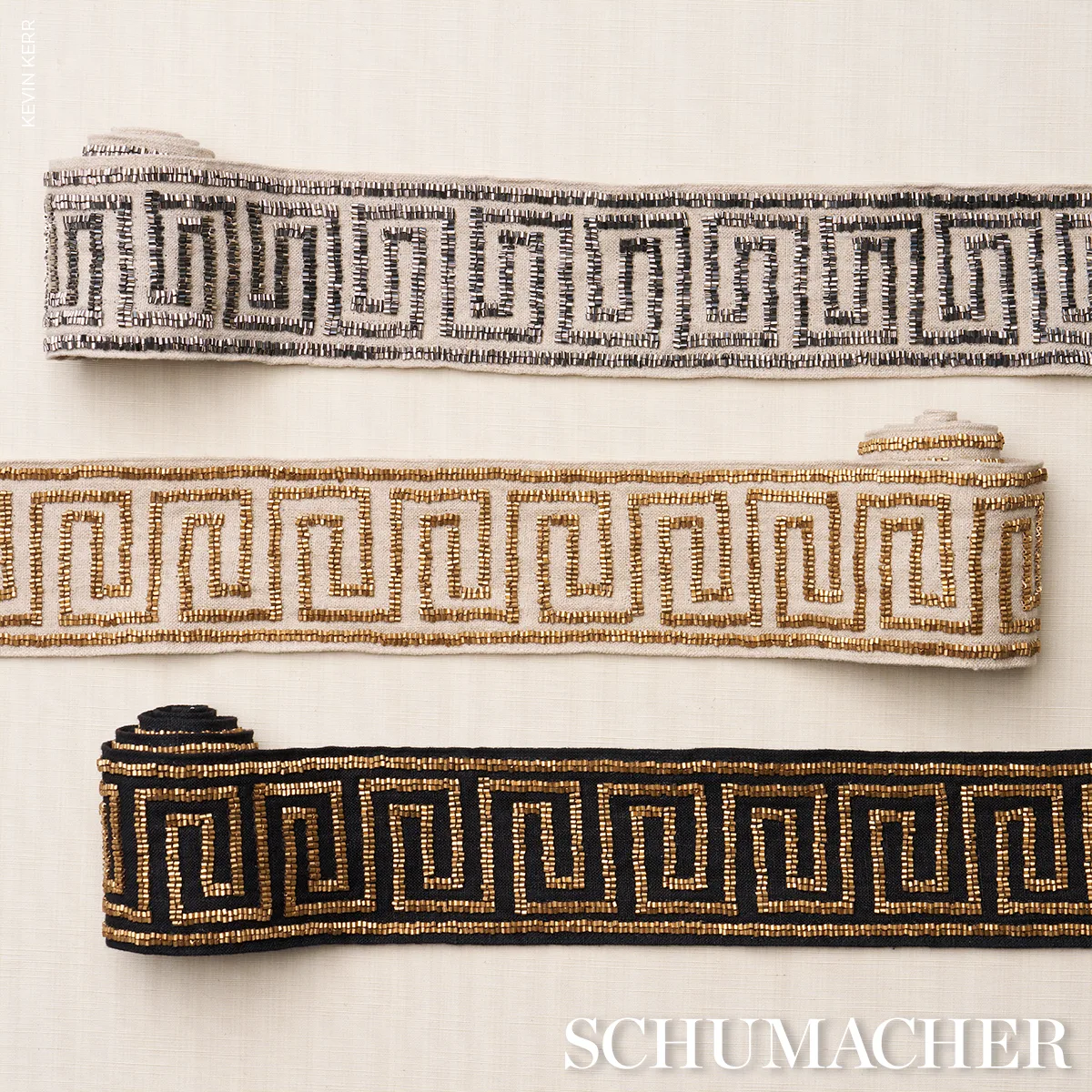 83642 | Delphi Beaded Tape - Gold on Black Schumacher Delphi Beaded Tape trim in Gold on Black (83642)