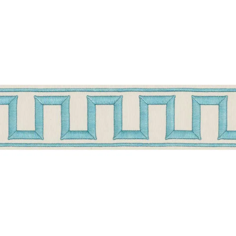 Schumacher Greek Key Embroidered Tape trim in Aqua (70793)