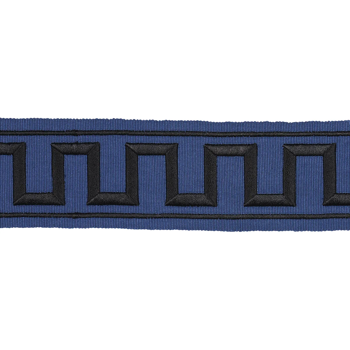 Schumacher Greek Key Embroidered Tape trim in Black on Navy (70803)