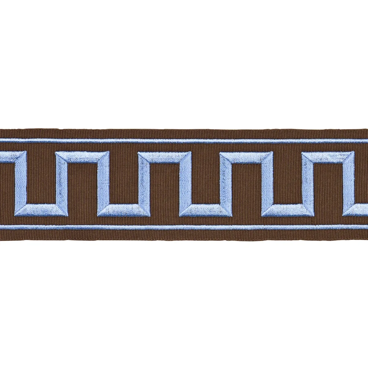 Schumacher Greek Key Embroidered Tape trim in Blue on Brown (70807)