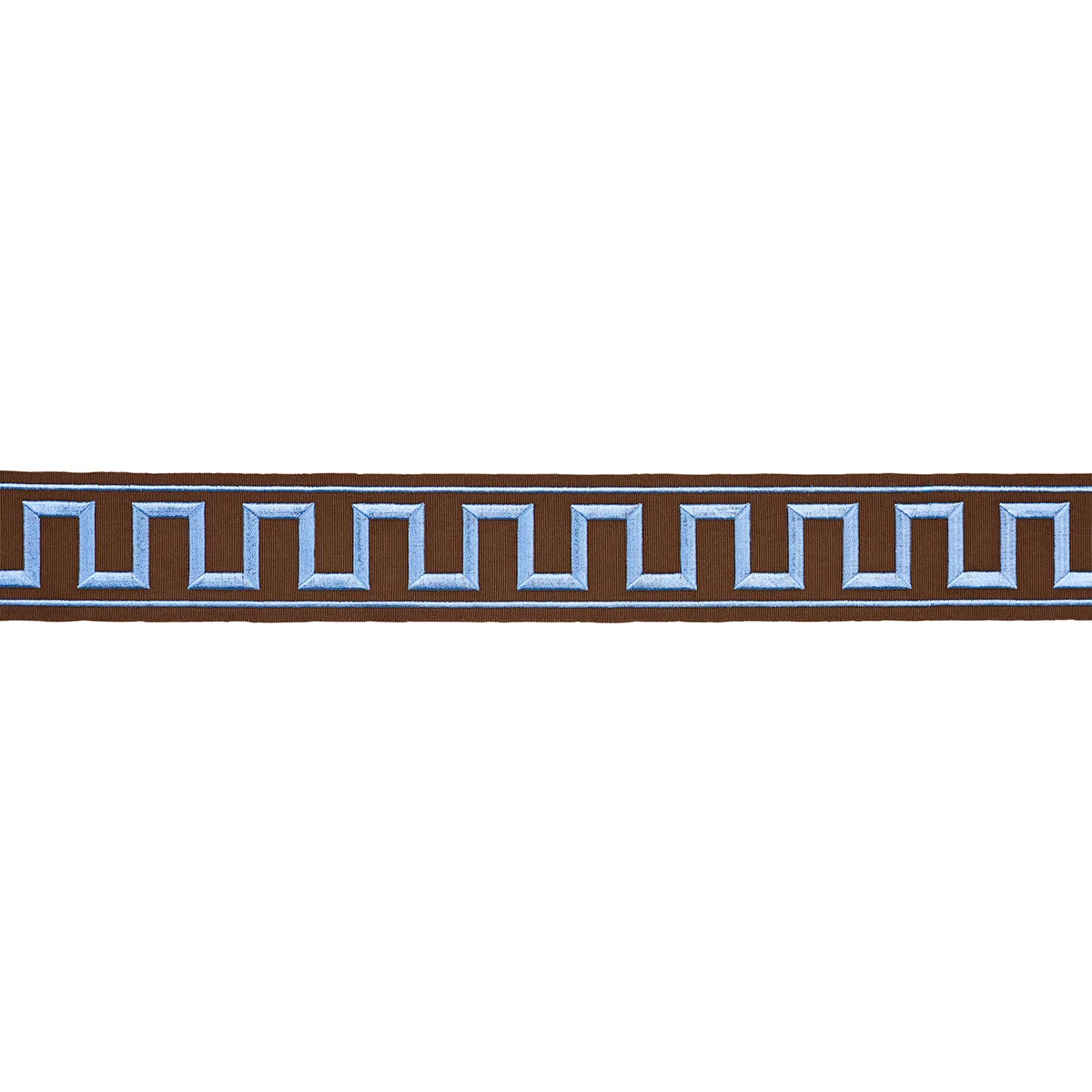 Schumacher Greek Key Embroidered Tape trim in Blue on Brown (70807)