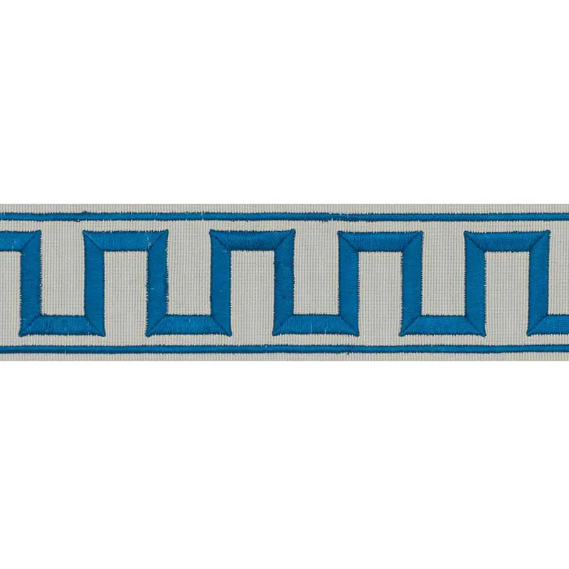 Schumacher Greek Key Embroidered Tape trim in Peacock & Mineral (70799)