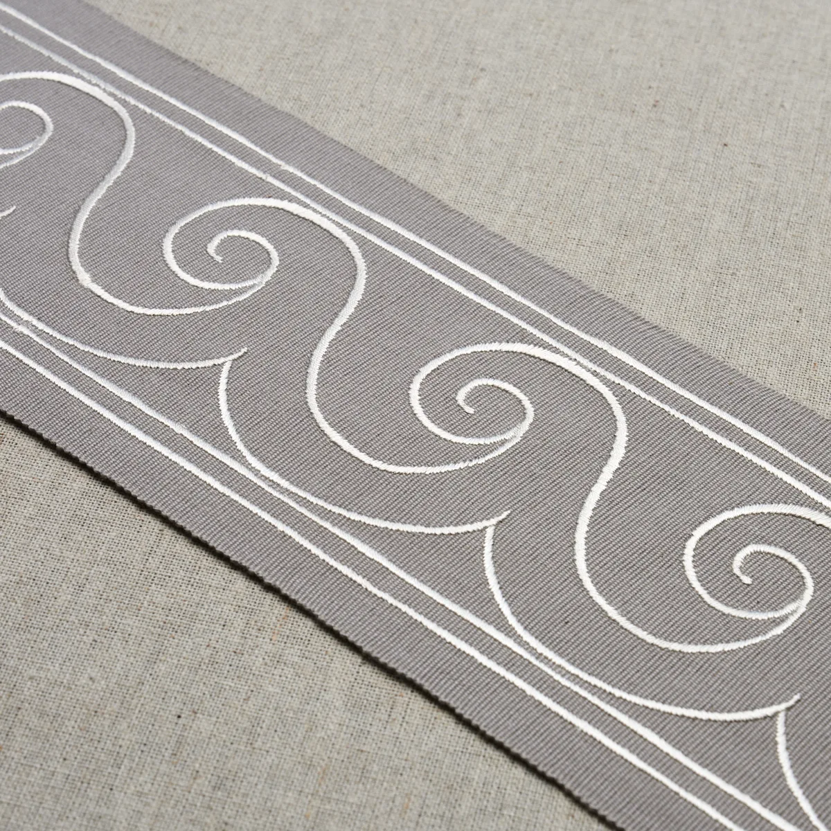 70754 | Greek Waves Trim - White on Grey Schumacher Greek Waves Trim in White on Grey (70754)