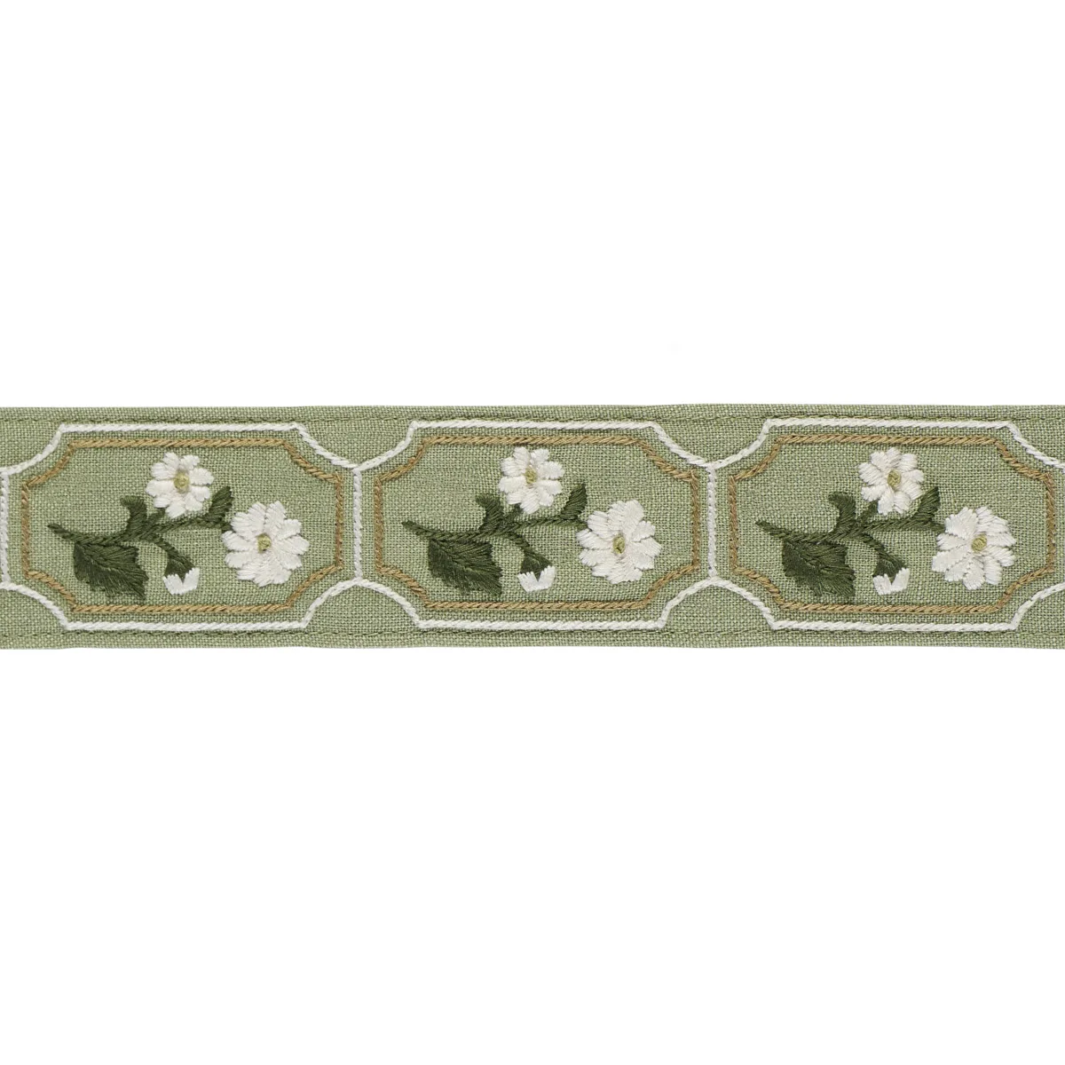 Schumacher Jolie Hand Embroidered Tape trim in Green (86302)