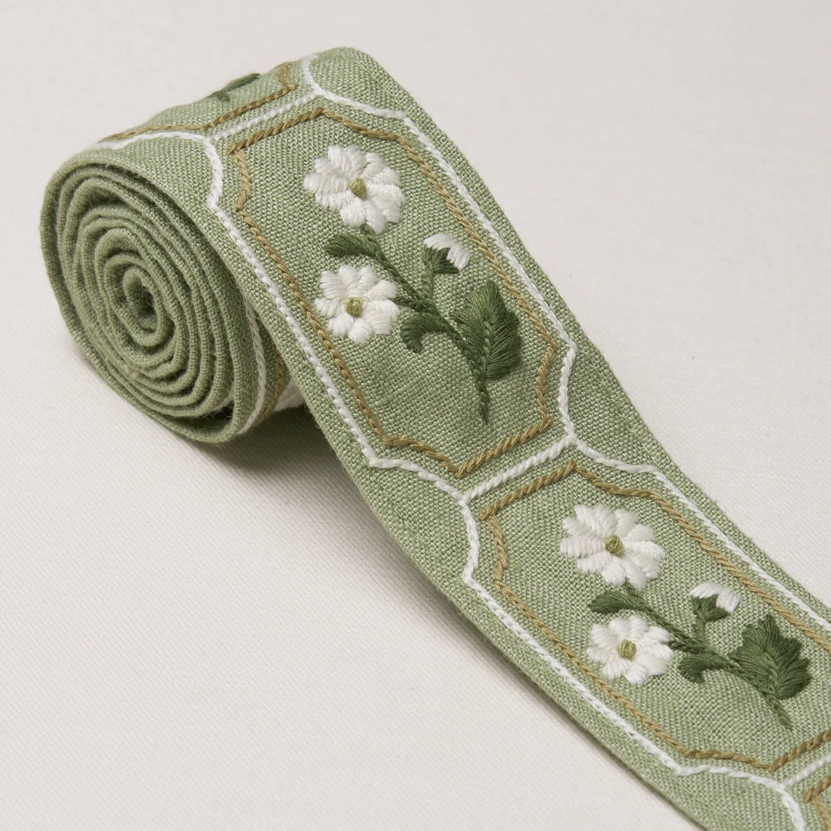 86302 | Jolie Hand Embroidered Tape - Green Schumacher Jolie Hand Embroidered Tape trim in Green (86302)
