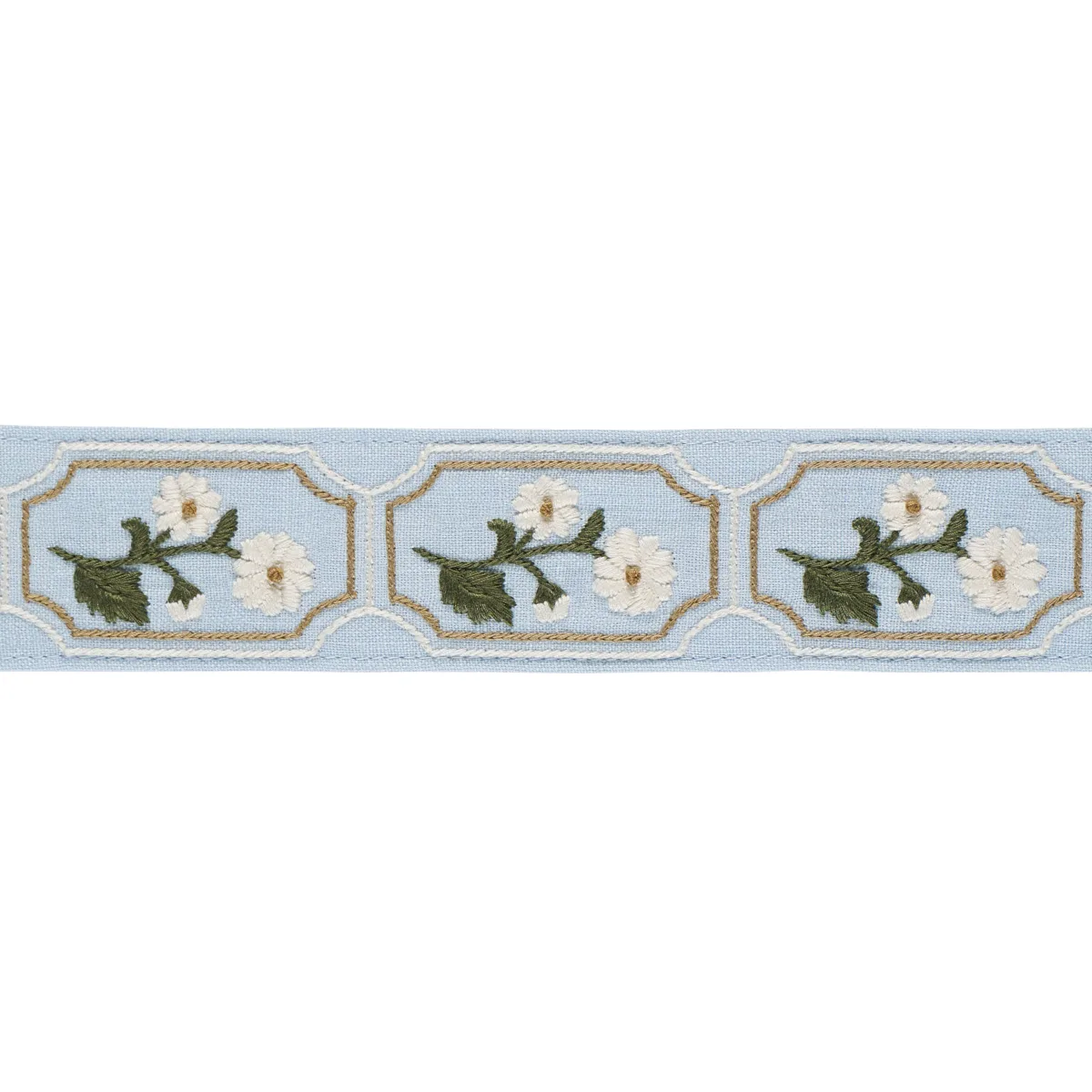 Schumacher Jolie Hand Embroidered Tape trim in Sky (86301)