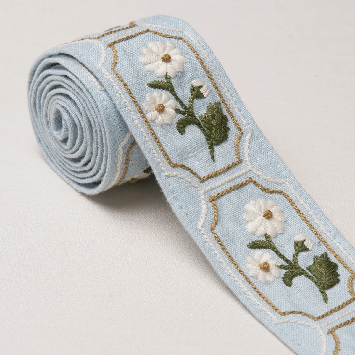 86301 | Jolie Hand Embroidered Tape - Sky Schumacher Jolie Hand Embroidered Tape trim in Sky (86301)