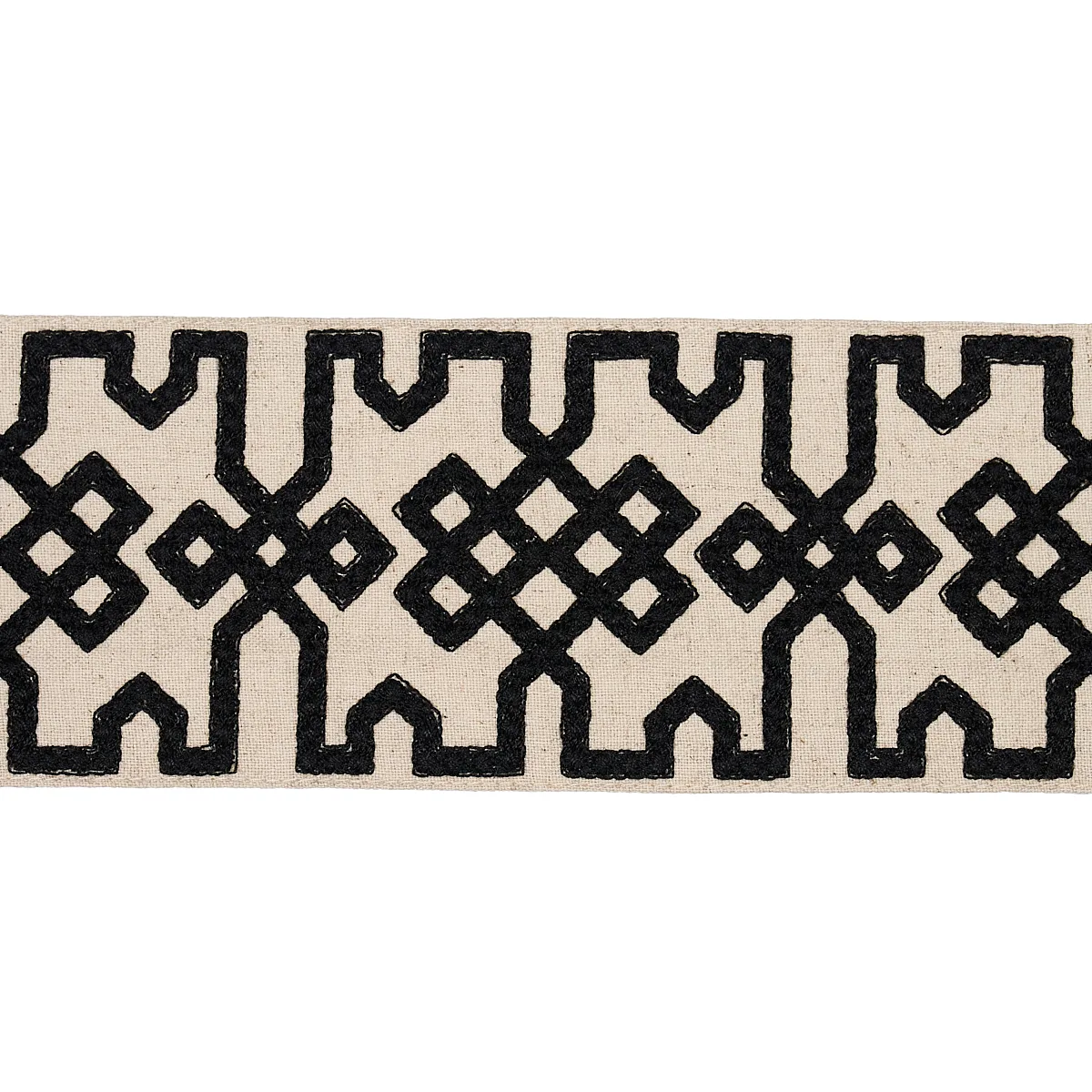 Schumacher Knotted Trellis Tape trim in Black on Unbleached (80880)