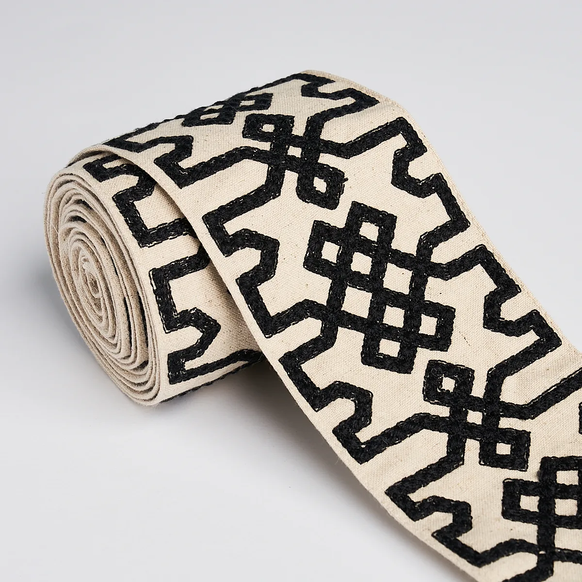Schumacher Knotted Trellis Tape trim in Black on Unbleached (80880)