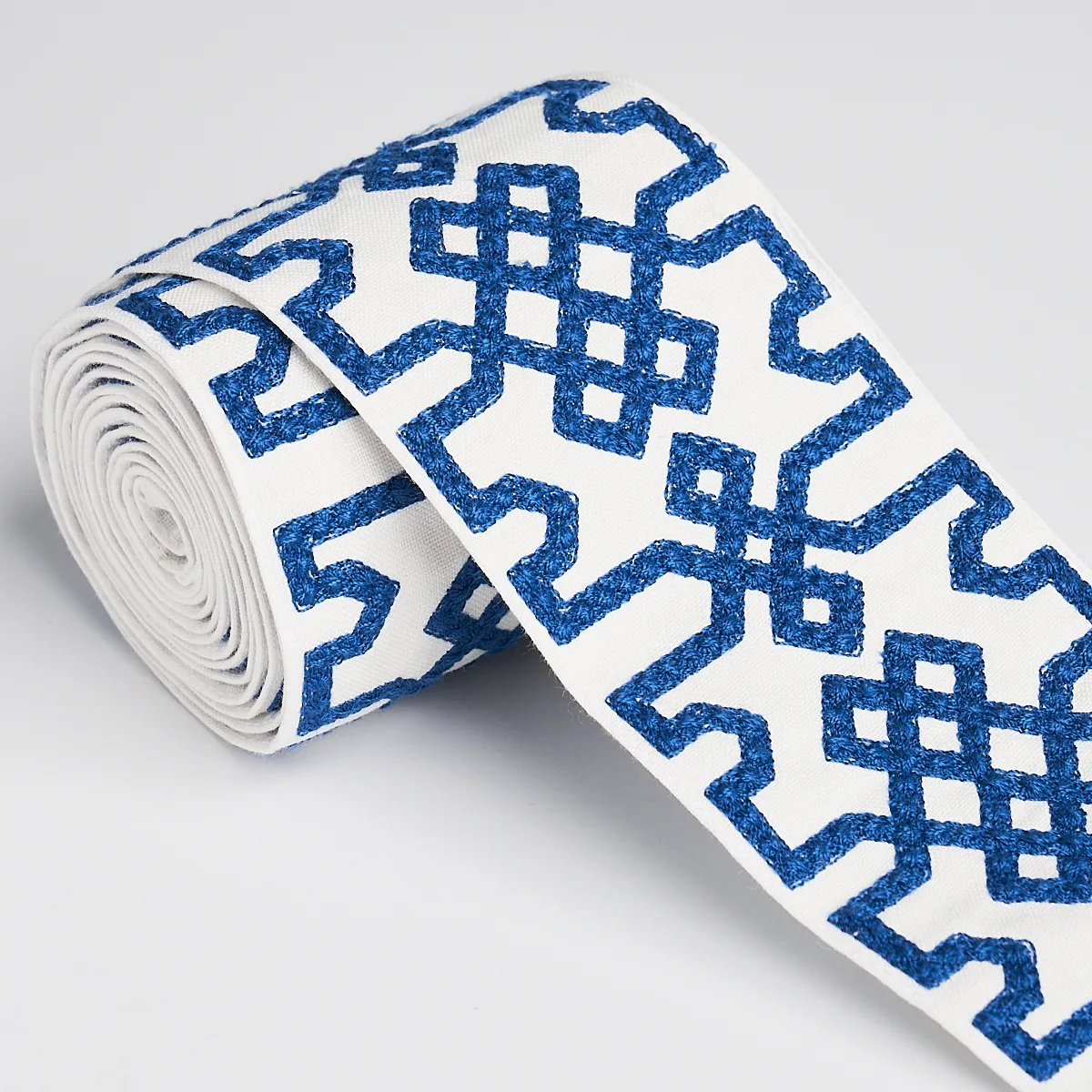 Schumacher Knotted Trellis Tape trim in Blue on White (80883)